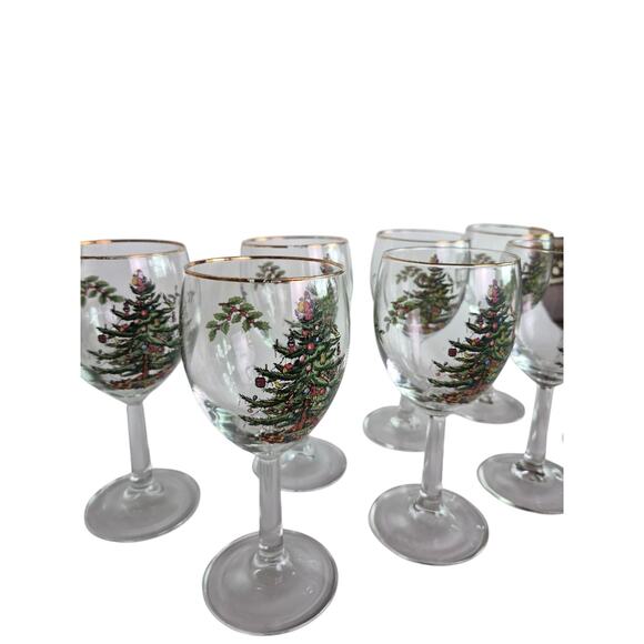 Vintage Spode Christmas Stemware Wine Water Glasses Holiday Set of 8 Holly Tree - Picture 6 of 10